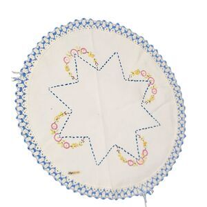 VTG TABLE RUNNER ROUND EMBROIDERED DRESSER SCARF ESTATE GEOMETRIC NEEDLEPOINT